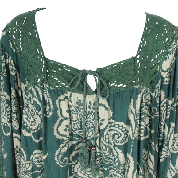 Angie Green Floral Peasant Sleeve & Boho Inspired Blouse Top Romantic Size L - Picture 3 of 8